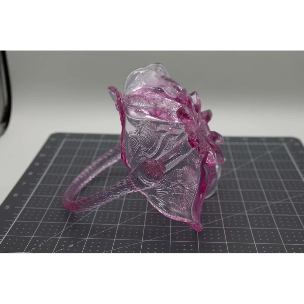 Vintage Fenton Pink Pressed Glass Basket Ruffled Edge Floral Starburst Design